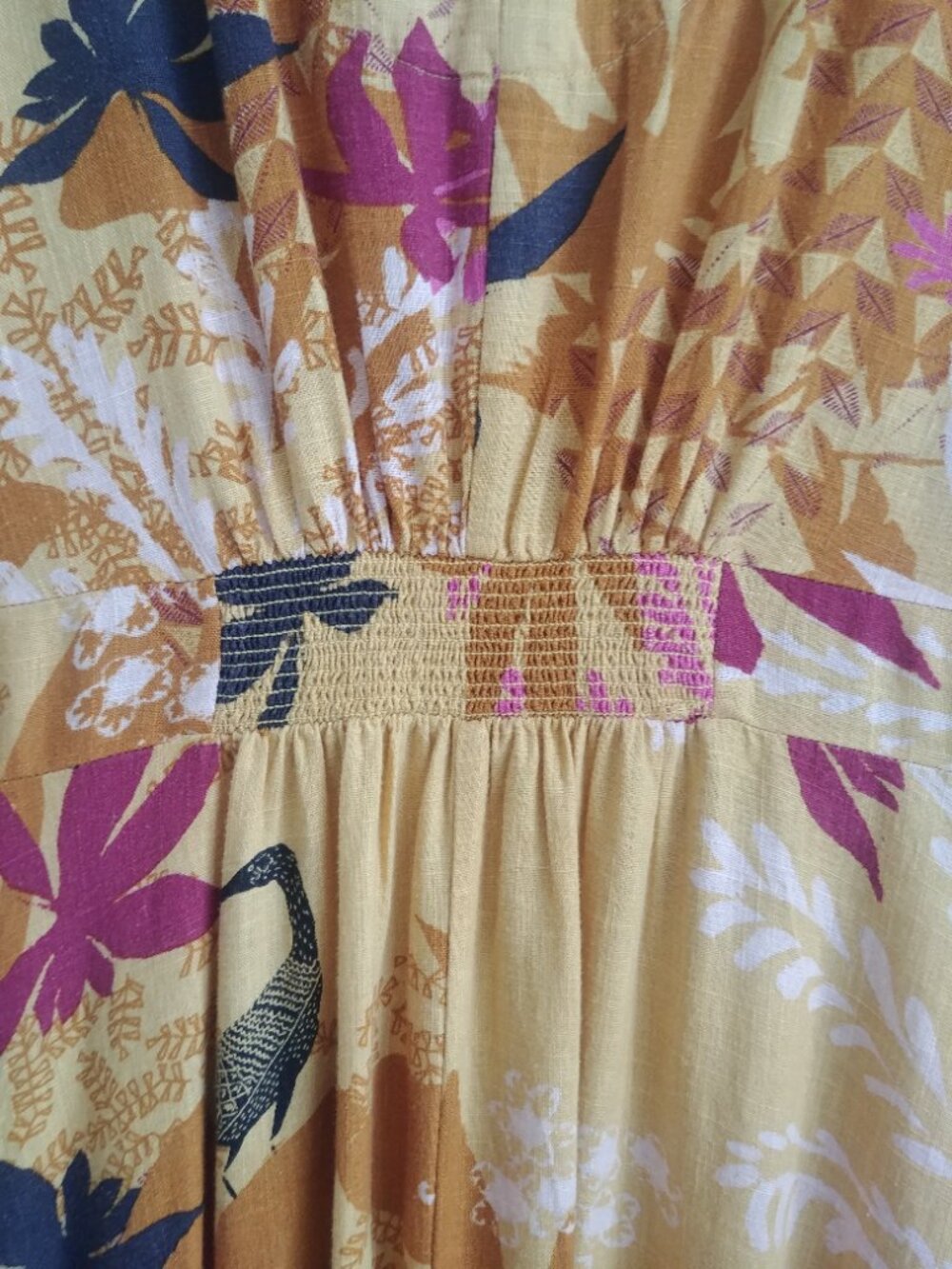 White Stuff UK linen blend midi dress deep yellow patterned dress V neck - Picture 5 of 15